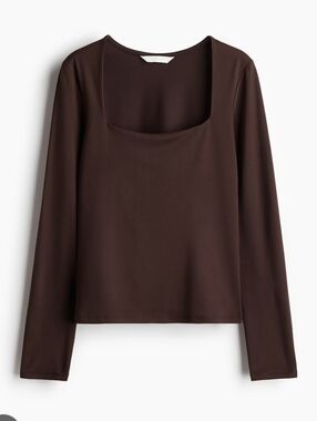 Express Cortton Long-Sleeve Square Neck Top in Dark Brown Chocolate XS S Basic